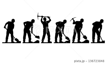 Black Solid Trench Digging Electrician Silhouettes Set of Six on White Background 136723848