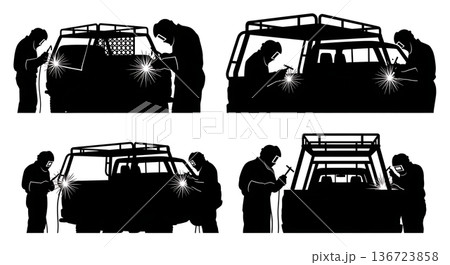Black Solid Truck Headache Rack Welder Silhouettes Set of Six on White Background 136723858