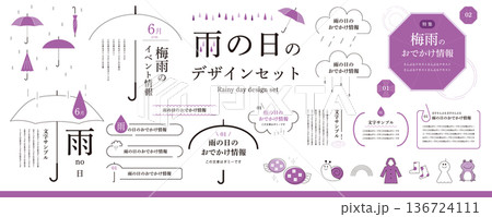 梅雨のシンプルなフレームデザインセット／フレーム・イラスト・見出し、あしらい・傘・紫陽花 136724111