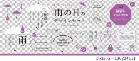 Simple rainy season frame design set / frame, illustration, heading, decoration, umbrella, hydrangea 136724111