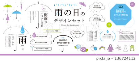 梅雨のシンプルなフレームデザインセット/フレーム・イラスト・見出し、あしらい・傘・紫陽花 梅雨のシンプルなフレームデザインセット/フレーム・イラスト・見出し、あしらい・傘・紫陽花 136724112