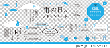 Simple rainy season frame design set / frame, illustration, heading, decoration, umbrella, hydrangea 136724113