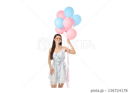 Smiling person with colorful balloons, isolated on white, PNG 136724176