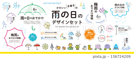かわいい手書き! 梅雨のデザイン素材セット(フレーム・イラスト・見出し) かわいい手書き! 梅雨のデザイン素材セット(フレーム・イラスト・見出し) 136724209
