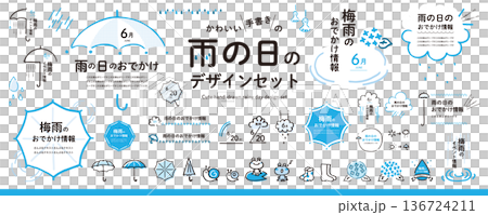 かわいい手書き！ 梅雨のデザイン素材セット（フレーム・イラスト・見出し）／ブルー 136724211