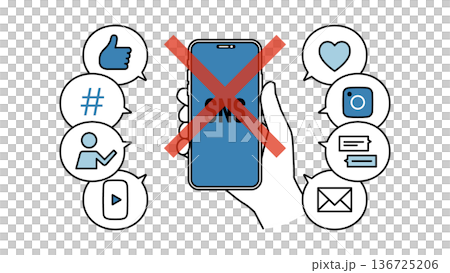 デジタルデトックスでSNS断ちをするスマートフォンを持った手 線幅可変 136725206