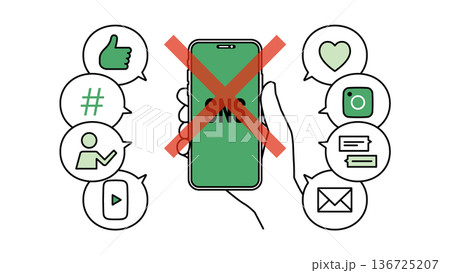 デジタルデトックスでSNS断ちをするスマートフォンを持った手 線幅可変 136725207