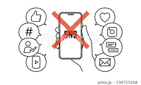 デジタルデトックスでSNS断ちをするスマートフォンを持った手 線幅可変 136725208
