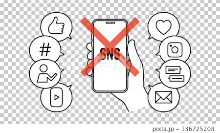 デジタルデトックスでSNS断ちをするスマートフォンを持った手 線幅可変 136725208