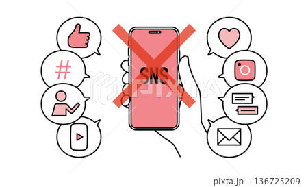 デジタルデトックスでSNS断ちをするスマートフォンを持った手 線幅可変 136725209