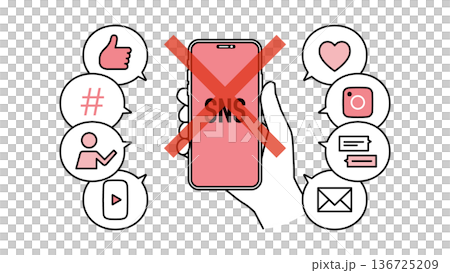 デジタルデトックスでSNS断ちをするスマートフォンを持った手 線幅可変 136725209