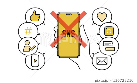 デジタルデトックスでSNS断ちをするスマートフォンを持った手 線幅可変 デジタルデトックスでSNS断ちをするスマートフォンを持った手 線幅可変 136725210