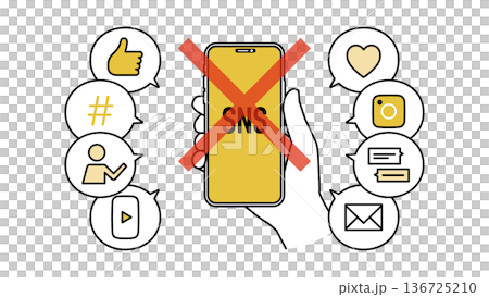 デジタルデトックスでSNS断ちをするスマートフォンを持った手 線幅可変 デジタルデトックスでSNS断ちをするスマートフォンを持った手 線幅可変 136725210