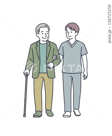 笑顔で歩く高齢男性と男性介護士の付き添い イラスト 白背景 136725250