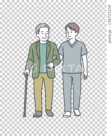 笑顔で歩く高齢男性と男性介護士の付き添い イラスト 白背景 136725250