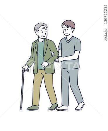 高齢男性と男性介護士の歩行サポートイラスト 白背景 136725253