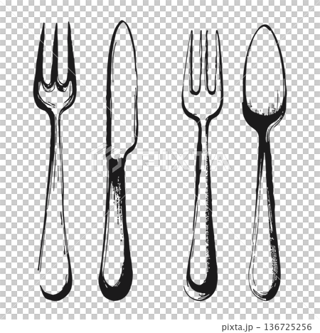 Illustration of black and white drawing of two forks and two knives for dining utensils Illustration of black and white drawing of two forks and two knives for dining utensils 136725256