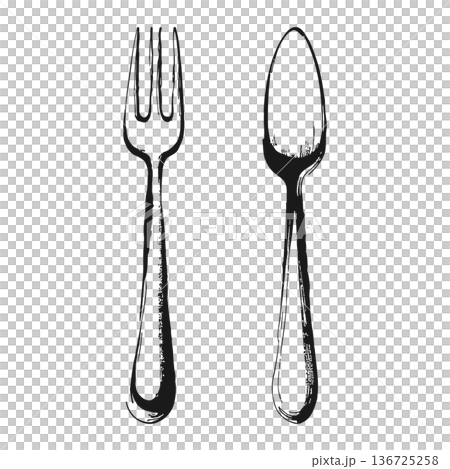 illustration of a simple black and white fork and spoon cutlery set for dining illustration of a simple black and white fork and spoon cutlery set for dining 136725258