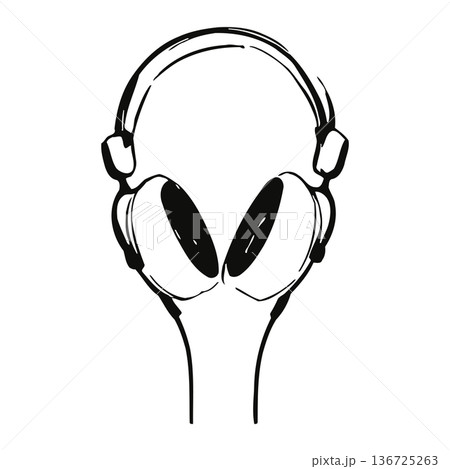 Alien character illustration wearing headphones in simple black and white graphic design style Alien character illustration wearing headphones in simple black and white graphic design style 136725263