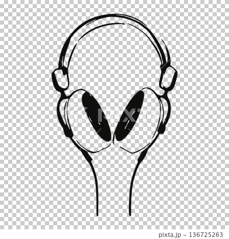 Alien character illustration wearing headphones in simple black and white graphic design style 136725263