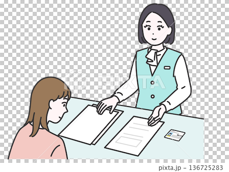 資料が置かれた机の前で、カードを使って患者に説明をするキャリア女性のイラスト 136725283