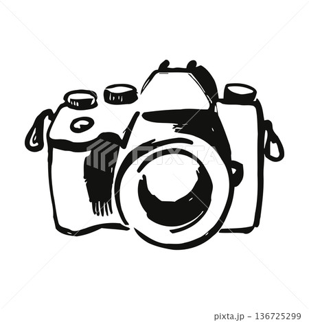 Simple digital camera illustration with lens and straps for photography and image capture purposes Simple digital camera illustration with lens and straps for photography and image capture purposes 136725299