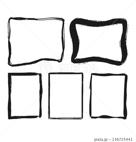 Collection of five blank rectangular shapes with varying edges and outline styles presented together. 136725441