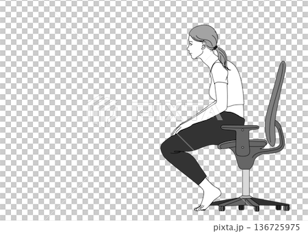 Illustration of a Japanese woman sitting in a chair with her pelvis tilted forward, full body sideways 136725975