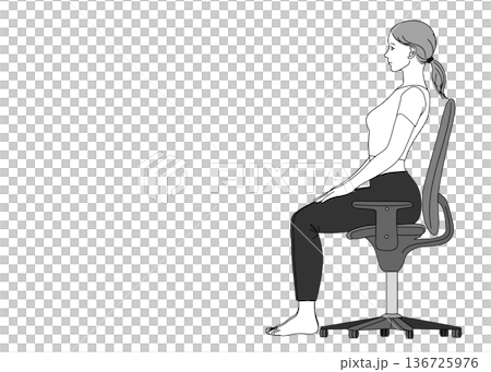 Illustration of a Japanese woman sitting on a chair with her back arched, full body sideways 136725976