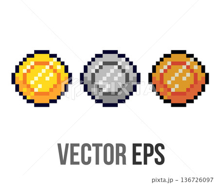 Pixel art gold, silver, and bronze coins arranged side by side 136726097