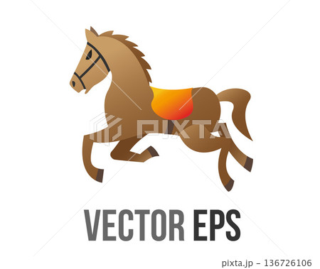 Stylized brown horse with orange saddle running in profile 136726106