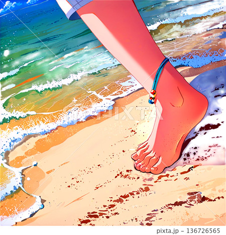 海、海の日、ビーチ、貝、貝殻、波、ヒトデ、砂浜、夏、観光・夏休み、足跡 136726565