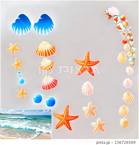海、海の日、ビーチ、貝、貝殻、波、ヒトデ、砂浜、夏、観光・夏休み、足跡 136726569