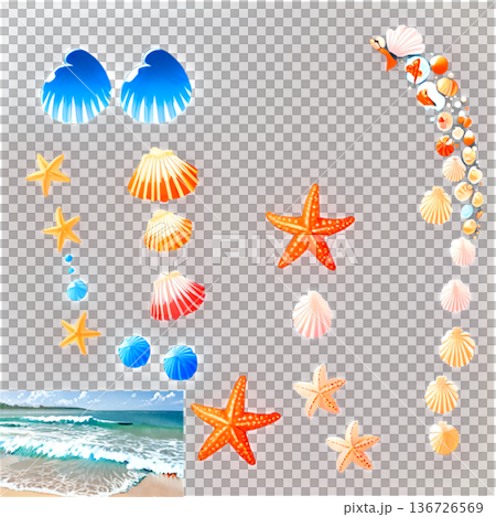 海、海の日、ビーチ、貝、貝殻、波、ヒトデ、砂浜、夏、観光・夏休み、足跡 136726569