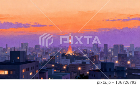 夕暮れの東京の街並み 136726792