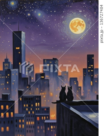 ビルの屋上で満月を見上げる黒猫 136727484