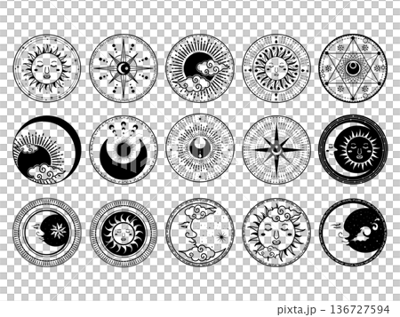 太陽、月亮和星星的神秘圖標集 - 塔羅牌、占星術、靈性 136727594