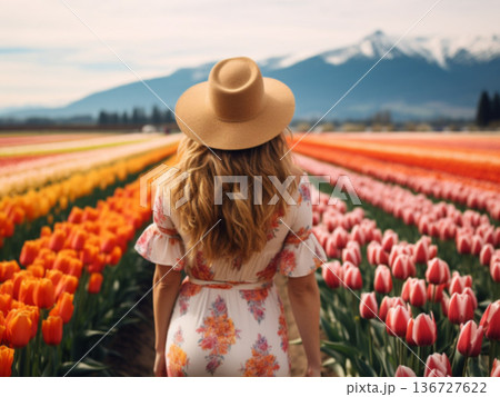 チューリップ畑と麦わら帽子をかぶった女性 136727622