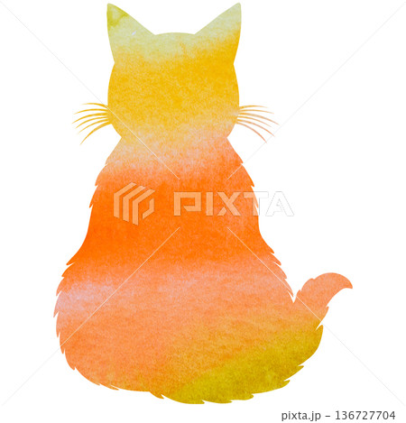 綺麗な水彩模様のネコの後ろ姿のシルエットのアイコンのイメージのイラスト 136727704