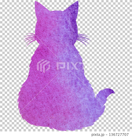 綺麗な水彩模様のネコの後ろ姿のシルエットのアイコンのイメージのイラスト 136727707