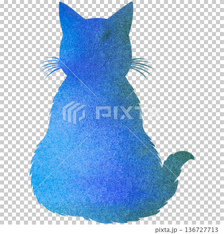 綺麗な水彩模様のネコの後ろ姿のシルエットのアイコンのイメージのイラスト 136727713