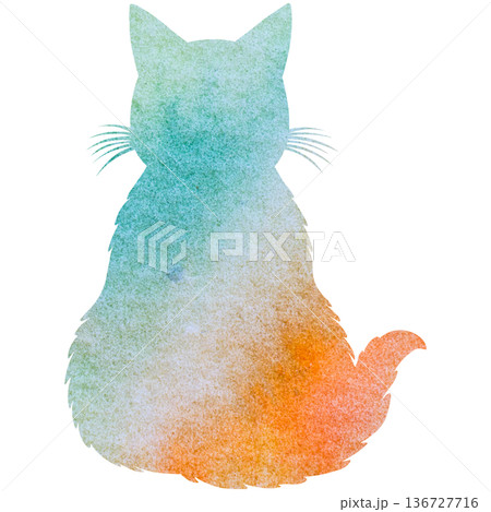 綺麗な水彩模様のネコの後ろ姿のシルエットのアイコンのイメージのイラスト 136727716