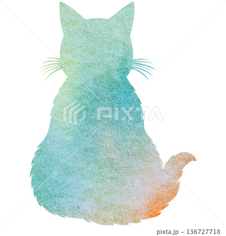 綺麗な水彩模様のネコの後ろ姿のシルエットのアイコンのイメージのイラスト 136727718
