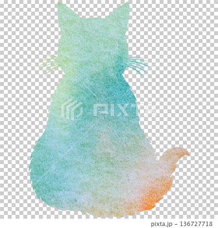 綺麗な水彩模様のネコの後ろ姿のシルエットのアイコンのイメージのイラスト 136727718