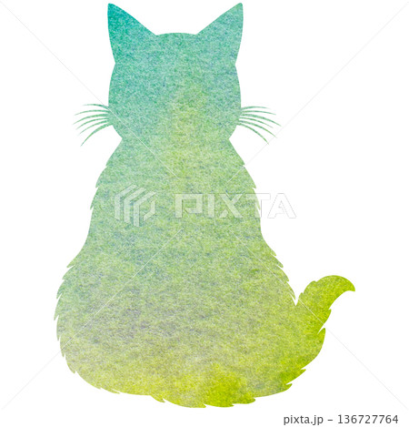綺麗な水彩模様のネコの後ろ姿のシルエットのアイコンのイメージのイラスト 136727764
