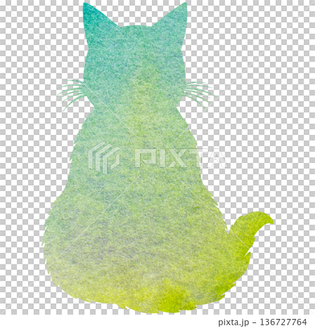 綺麗な水彩模様のネコの後ろ姿のシルエットのアイコンのイメージのイラスト 136727764