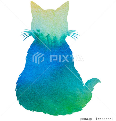 綺麗な水彩模様のネコの後ろ姿のシルエットのアイコンのイメージのイラスト 136727771