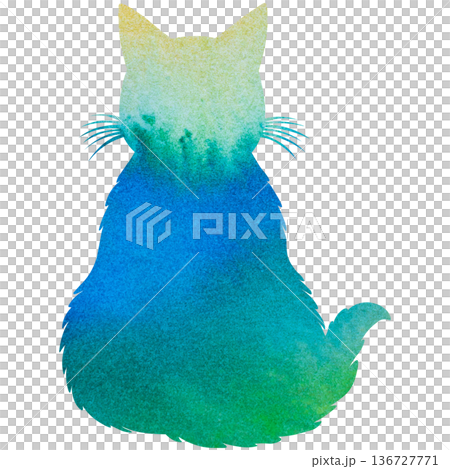 綺麗な水彩模様のネコの後ろ姿のシルエットのアイコンのイメージのイラスト 136727771