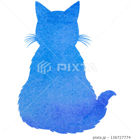 綺麗な水彩模様のネコの後ろ姿のシルエットのアイコンのイメージのイラスト 136727774