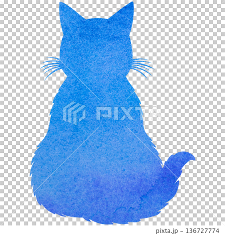 綺麗な水彩模様のネコの後ろ姿のシルエットのアイコンのイメージのイラスト 136727774